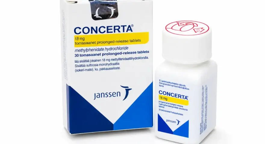 Opakowanie i butelka leku Concerta 18 mg, zawierającego metylofenidatu chlorowodorek.