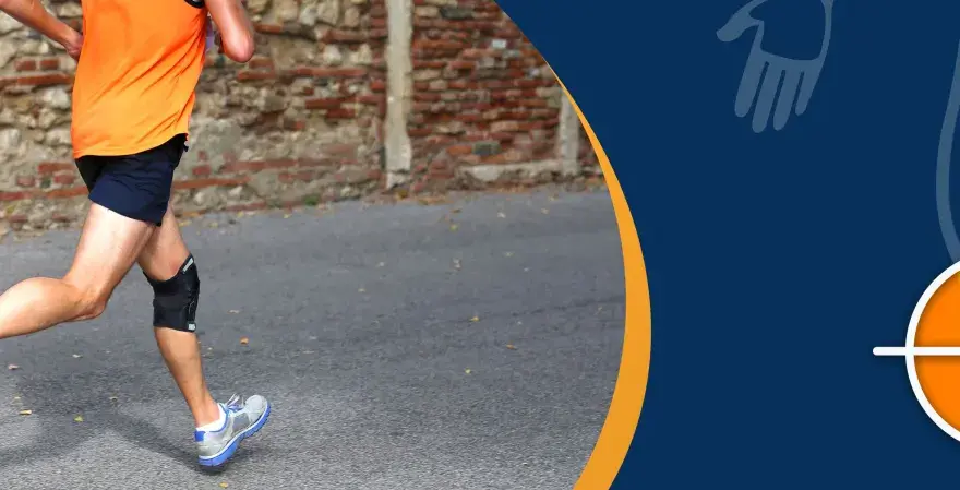Läufer mit Kniebandage beim Joggen. Eine Kniebandage beim Joggen kann sinnvoll sein, um Stabilität zu geben und Schmerzen vorzubeugen.