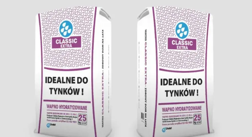 Dwie torby z napisem "Classic Extra" i informacją "Wapno budowlane idealne do tynków". Worek zawiera wapno hydratyzowane.