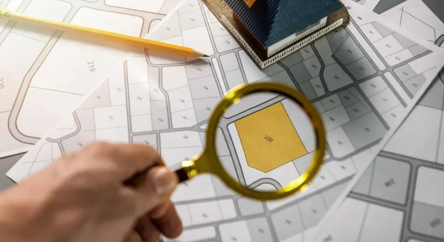Szukasz informacji, jak sprawdzić zadłużenie księgi wieczystej? Na mapie działka 220 jest badana lupą, obok leży model domu i ołówek.