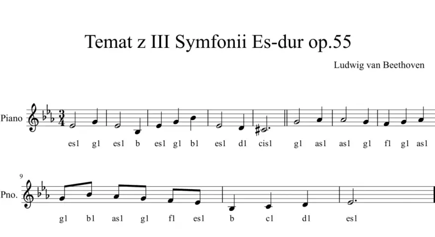 Temat z III Symfonii Es-dur op.55 Ludwiga van Beethovena. Nuty dla fortepianu, ukazujące klucz w muzyce i sekwencję dźwięków.