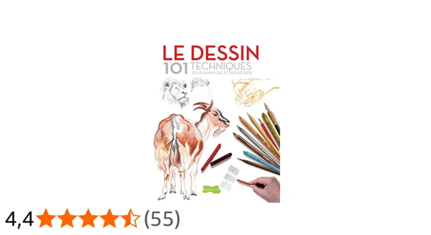 Le livre "Le Dessin, 101 techniques" montre un travail de dessin avec des lions, une chèvre et des mains, ainsi que des crayons et pastels.