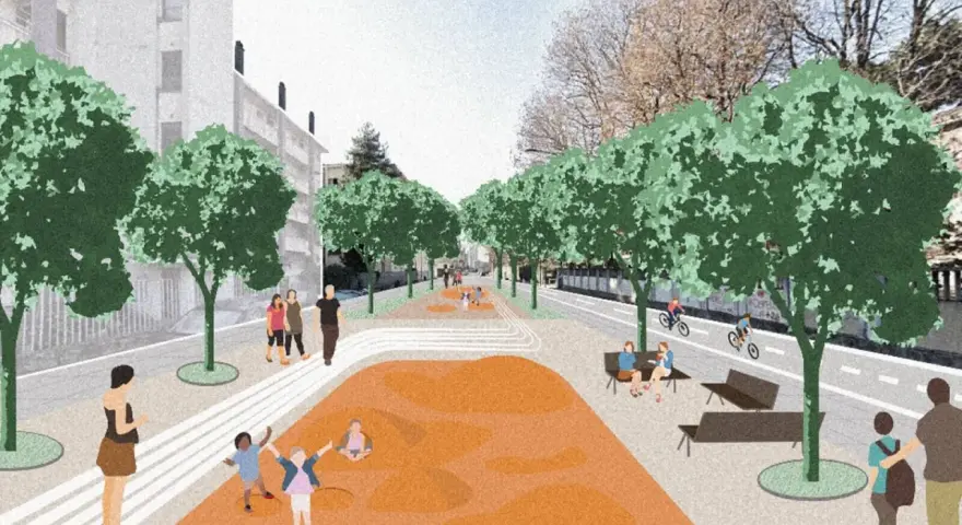 Un'area pedonale vivace, con bambini che giocano e persone che passeggiano, simbolo di **rigenerazione urbana** e spazi verdi ritrovati.