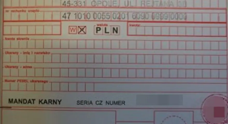 Mandat karny z danymi urzędu skarbowego i numerem identyfikatora zobowiązania mandat.