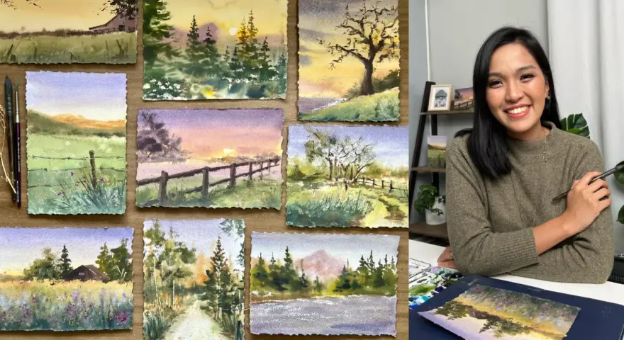 Apprenez comment faire de l'aquarelle maison avec ces paysages bucoliques et une artiste souriante.