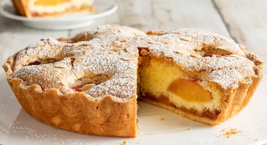 Una fetta di torta alle pesche, con la crosta dorata e un ripieno succoso, cosparsa di zucchero a velo e mandorle.