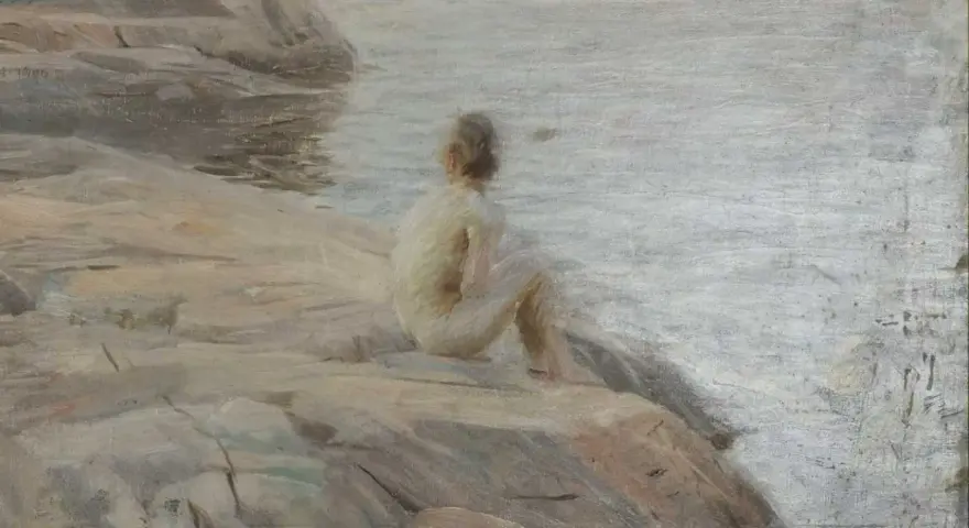 En ung person sitter på en klippa vid vattnet, fångad i Anders Zorns karaktäristiska ljus.