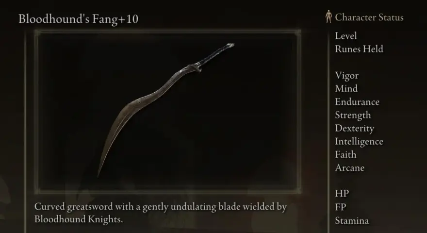 Fang de Bloodhound +10, una de las mejores armas de Elden Ring. Espada curva con hoja ondulante.