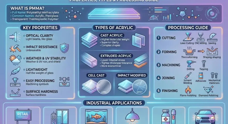 Acrylic, made of polymethyl methacrylate, offers optical clarity, impact resistance, and is lightweight. This guide details its properties, types, and processing.