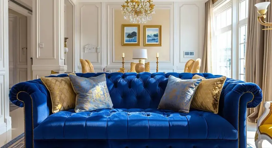 Canapé bleu roi somptueux, rehaussé de coussins dorés et bleus. Quelle couleur associer au bleu roi ? L'or, pour une touche royale.