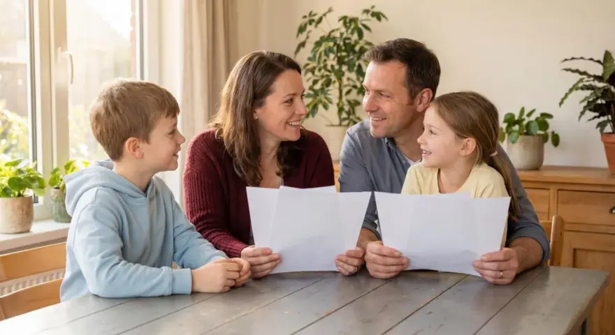 Familie bespricht Dokumente, vielleicht zur Absicherung des Bezugsrechts einer Lebensversicherung.