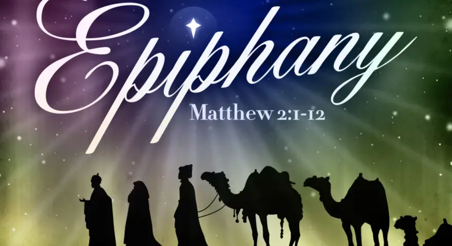Silhouettes of the Three Wise Men on camels journey under a starry sky, illustrating Catholic homilies on the Epiphany.