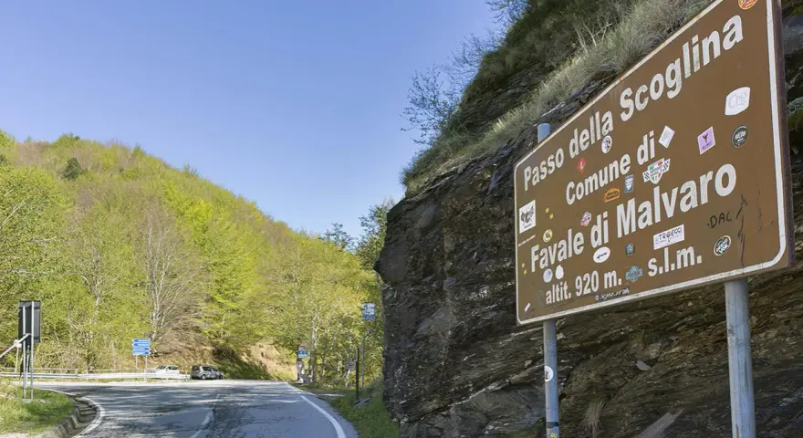 Cartello stradale indica "Passo della Scoglina, Favale di Malvaro, altit. 920 m. s.l.m." su una strada di montagna con vegetazione lussureggiante.