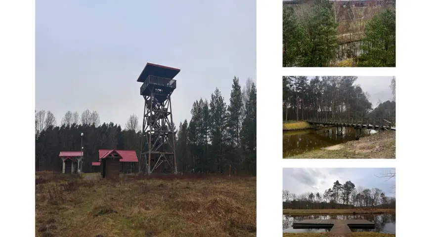 Wieża widokowa i małe budynki z czerwonymi dachami na tle lasu. W oddali widać fragmenty krajobrazu, mostek nad wodą i pomost. To miejsce przypomina akwedukt w Fojutowie.