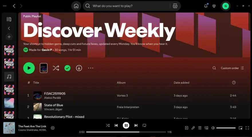 Spotify-Playlist "Discover Weekly" mit Titeln wie "FI3AC2511905" und "State of Blue".