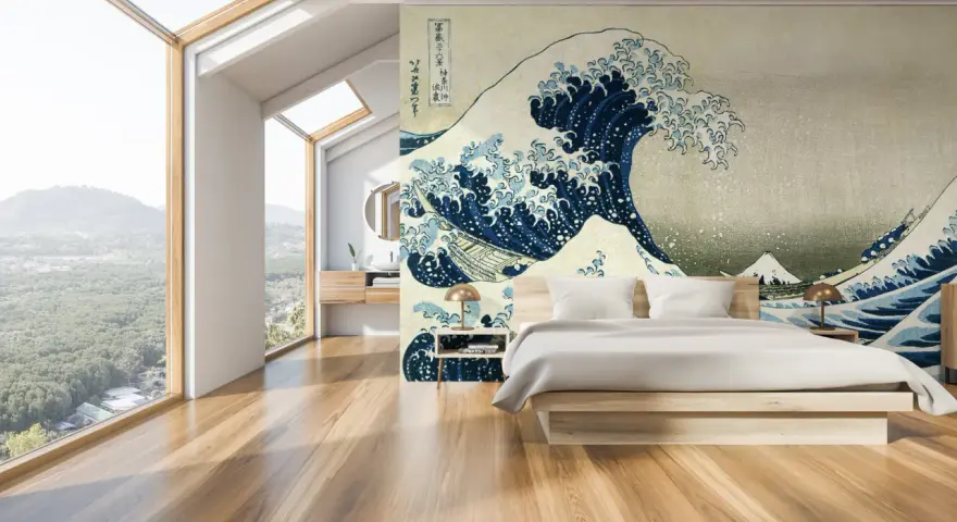 Camera da letto idee originali con un murale ispirato alla Grande Onda di Kanagawa. Un letto moderno e finestre panoramiche completano l'ambiente.