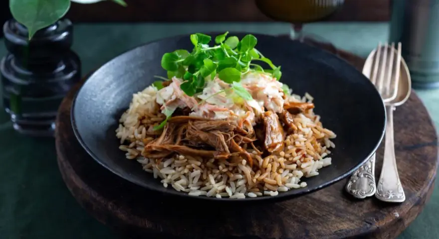 En tallrik med pulled pork med ris, toppad med krispig coleslaw och gröna blad. En härlig måltid som ser utsökt ut.