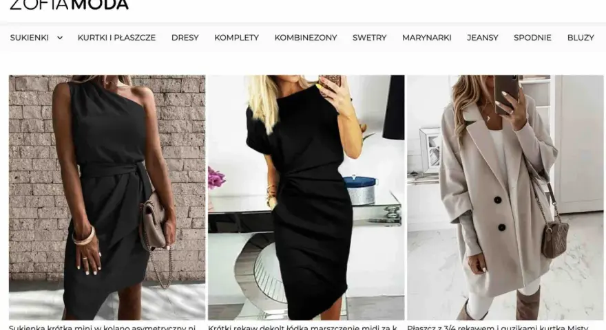 Moda opinie: czarna sukienka asymetryczna, czarna sukienka midi, beżowy płaszcz. Stylowe propozycje od ZOFIA MODA.