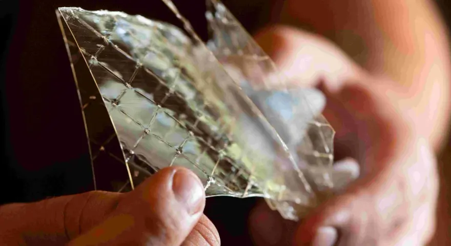 Hände halten ein Stück Gelatine, das wie Glas zerbrochen ist. Die feinen Linien zeigen die vielfältige Gelatine Verwendung in der Küche.