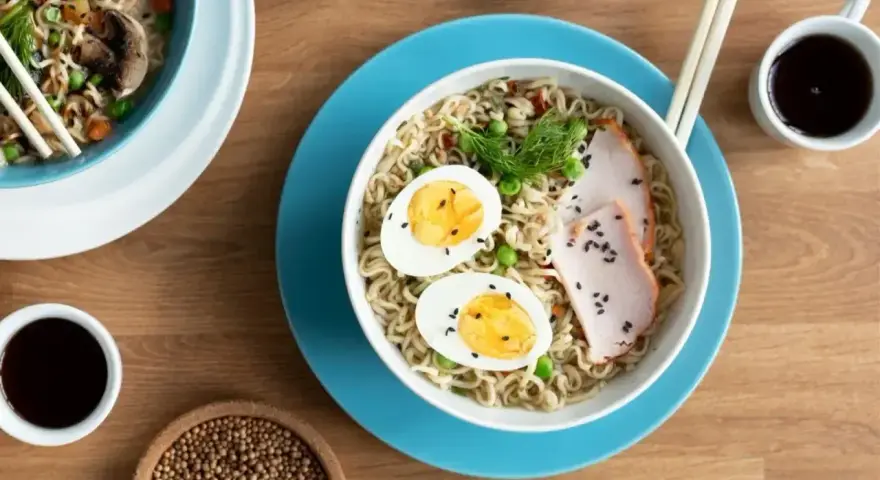Miseczka tantanmen z makaronem, jajkiem, plastrami mięsa i zielonym koperkiem. Obok sos sojowy i pałeczki.