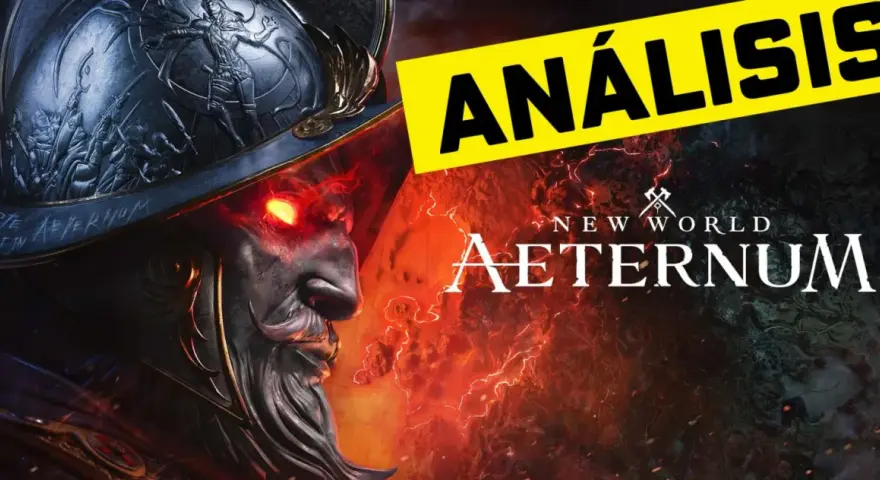 Un personaje con ojos rojos y un casco ornamentado, con el logo de New World Aeternum y la palabra "ANÁLISIS" en amarillo.