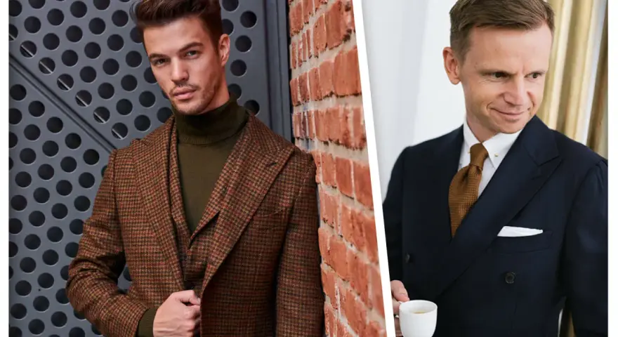 Dwóch mężczyzn w eleganckich stylizacjach. Jeden w brązowej marynarce w kratę i zielonym golfie, drugi w granatowym garniturze z brązowym krawatem. Różnorodne kolory garniturów.