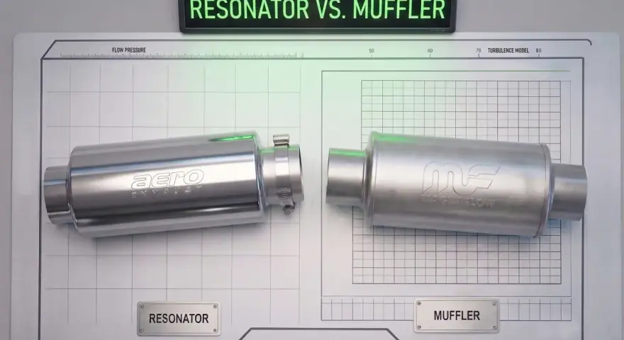 Aero Exhaust resonator and Magnaflow muffler side-by-side, illustrating the resonator vs. muffler debate.