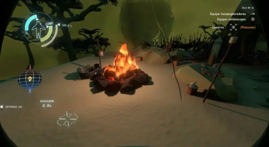 Una fogata en Outer Wilds, con un HUD que muestra la duración de la aventura. El jugador se prepara para explorar.