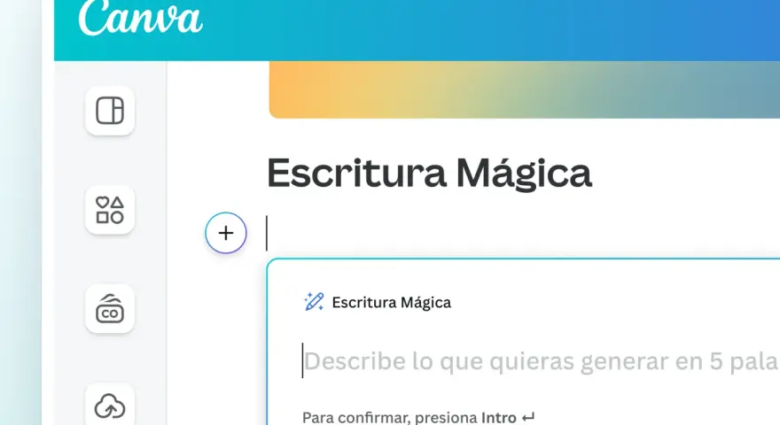 Interfaz de Canva con la función "Escritura Mágica" activa. Un sitio para escribir ideas y generar contenido.
