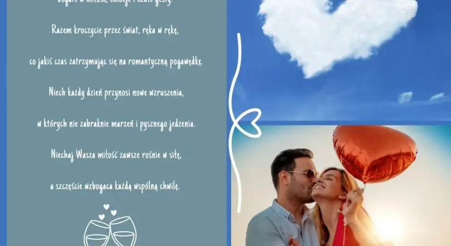 13 rocznica ślubu nazwa. Para świętuje miłość, trzymając czerwony balon w kształcie serca na tle nieba z chmurą w kształcie serca.