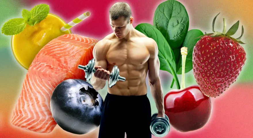 Un homme musclé soulève des haltères, entouré d'aliments sains : saumon, myrtilles, fraises, cerises, épinards, smoothie. Une image qui symbolise l'alimentation anti inflammatoire et le bien-être.