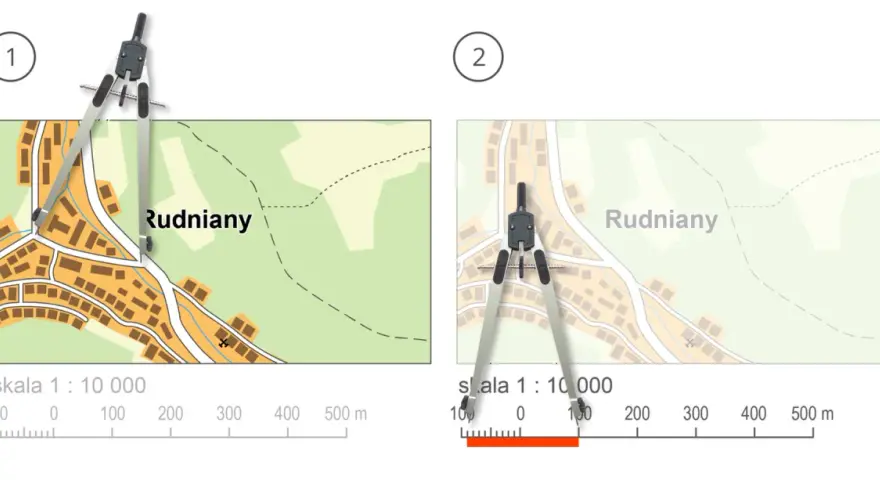 Dwa fragmenty mapy z miejscowością Rudniany, porównujące skalę. Cyrkiel pokazuje tolerancję symetrii w pomiarach.