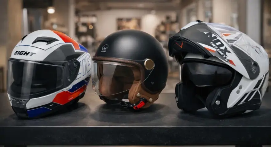Tre caschi da moto in primo piano: uno bianco con grafiche rosse e blu, uno nero stile retrò con interni in pelle, e uno bianco e nero con visiera scura. La calotta del casco è il dettaglio che cattura l'attenzione.