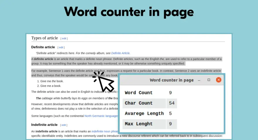 Ventana de "Word counter in page" mostrando 9 palabras por página, 54 caracteres, longitud promedio 5 y longitud máxima 9.
