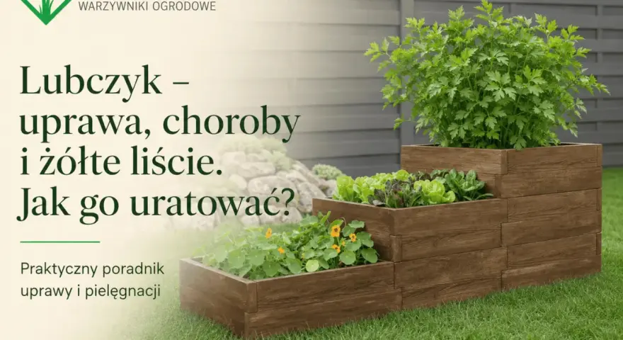 Lubczyk w drewnianej skrzyni, z tekstem o tym, czemu lubczyk żółknie i jak go uratować.