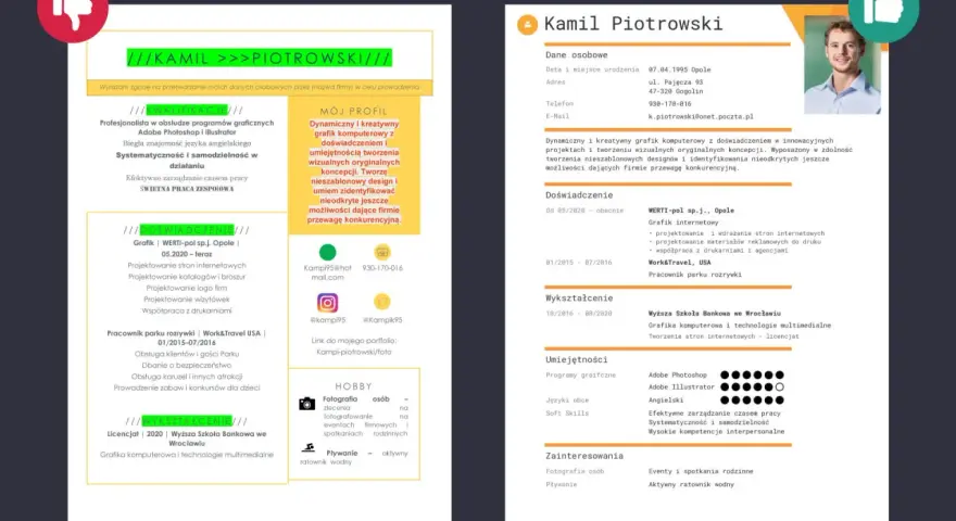 Kamil Piotrowski, grafik komputerowy, z pasją tworzy nieszablonowe projekty. CV zawiera jego doświadczenie i umiejętności.