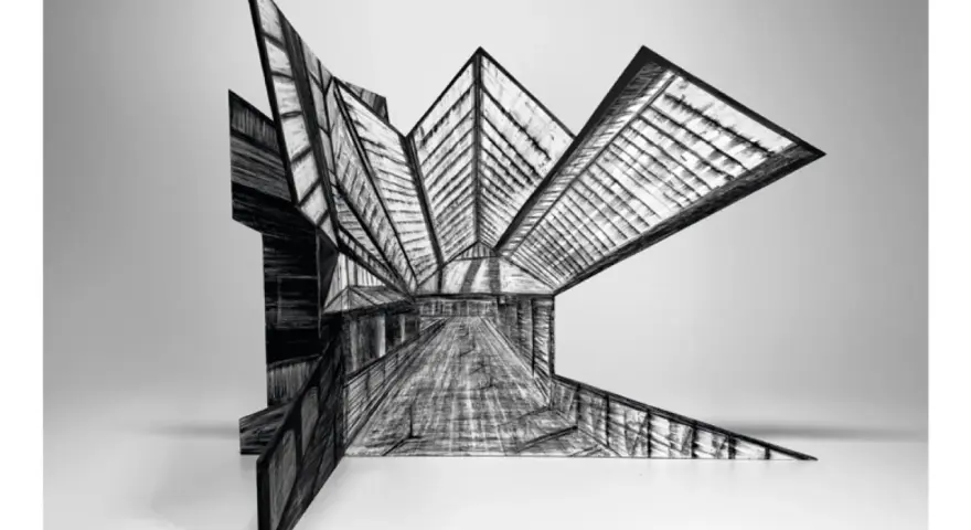 Szkic architektoniczny przedstawiający futurystyczną konstrukcję z ostrymi kątami i przeszklonymi elementami. Doskonałe zastosowanie zasad kompozycji tworzy wrażenie głębi i dynamiki.