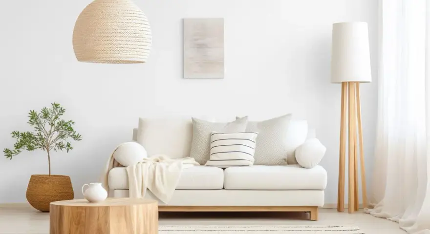 Jasny salon, gdzie kolor biały oznacza spokój i czystość. Sofa, lampa i zasłony tworzą harmonijną całość.