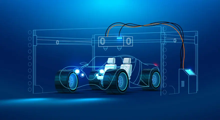 A 3D printer creates a futuristic car outline, showcasing the potential of 3D printing in the automotive industry.