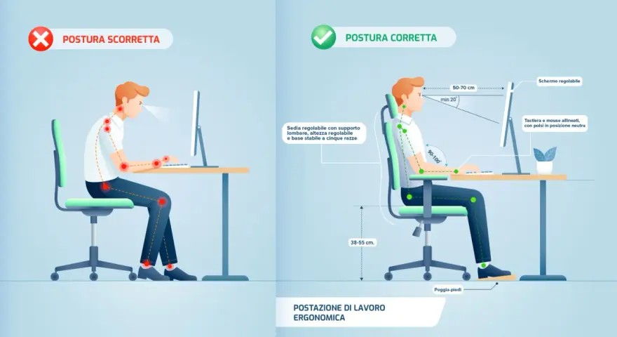 Confronto tra postura scorretta e corretta al computer. Il linguaggio del corpo è fondamentale per una postazione di lavoro ergonomica.