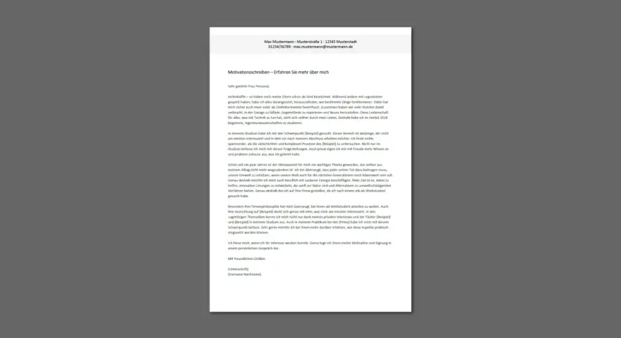 Motivationsschreiben für eine Bewerbung als Werkstudent, das technische Leidenschaft und Umweltbewusstsein hervorhebt.