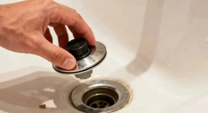 A hand holds a bathtub drain stopper, showing how to remove bathtub drain parts for cleaning or repair.