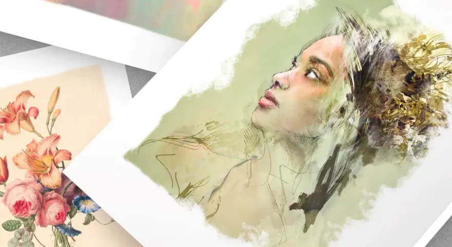 Portret kobiety i bukiet kwiatów, różne rodzaje papieru i technika malarska.