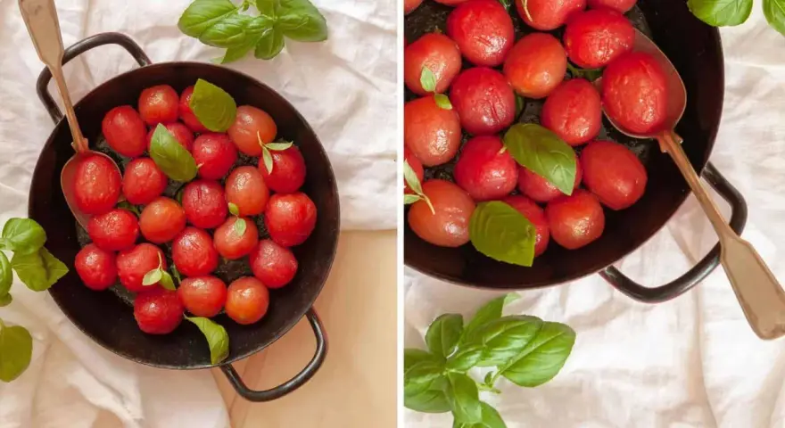Zarte karamellisierte Tomaten mit frischem Basilikum in einer Pfanne, bereit zum Genießen.