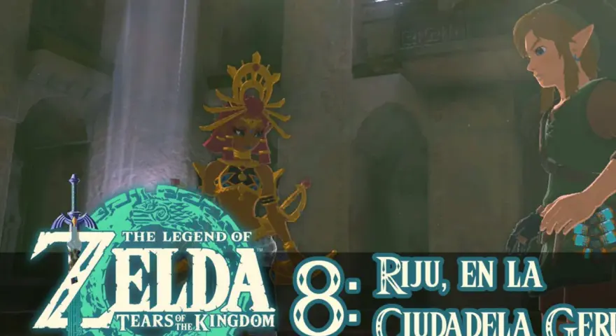 Link y Riju en la Ciudadela Gerudo, bajo un rayo de luz.