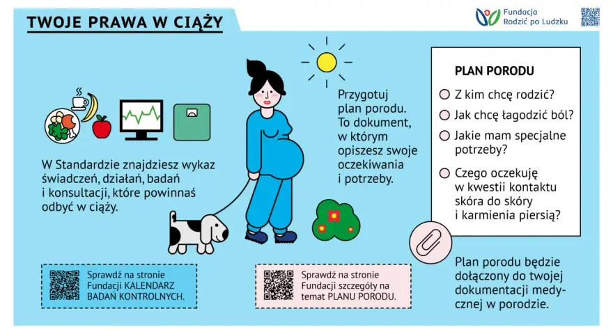Ilustracja przedstawia ciężarną kobietę spacerującą z psem, obok niej ikony zdrowego odżywiania, monitora i wagi. Po prawej stronie znajduje się sekcja "PLAN PORODU".