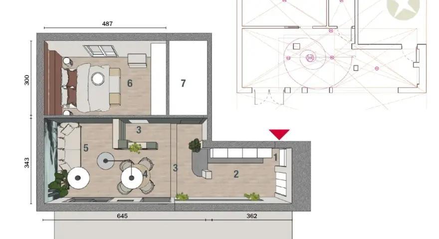 Progetto casa 50 mq: planimetria con arredi, zona giorno, notte e schema tecnico.