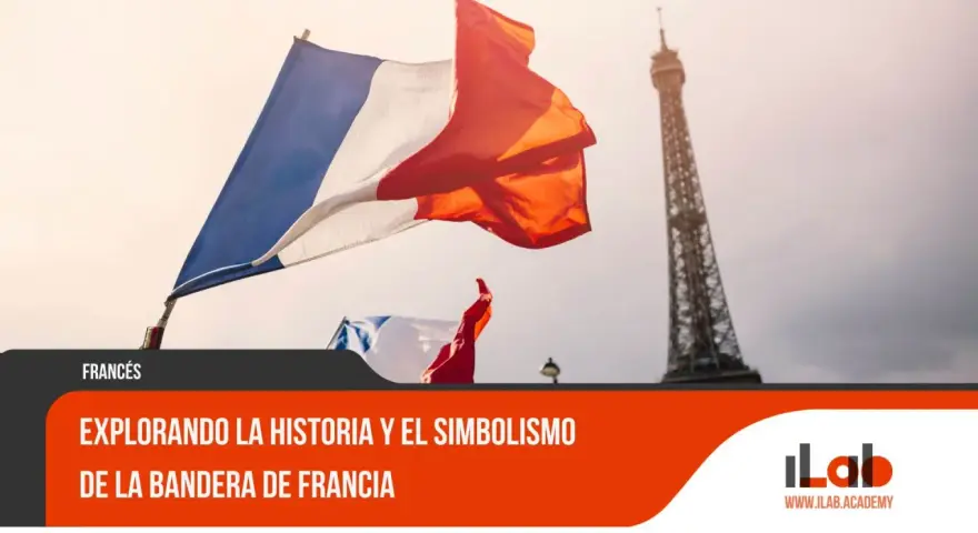 Banderas de Francia ondeando con la Torre Eiffel al fondo. El color de Francia, azul, blanco y rojo, simboliza libertad, igualdad y fraternidad.