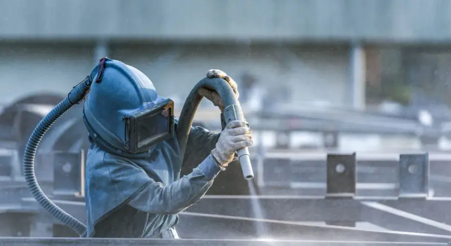 Pracownik w masce piaskuje metalowe elementy. To część pracy z maszynami do metalu, gdzie precyzja jest kluczowa.
