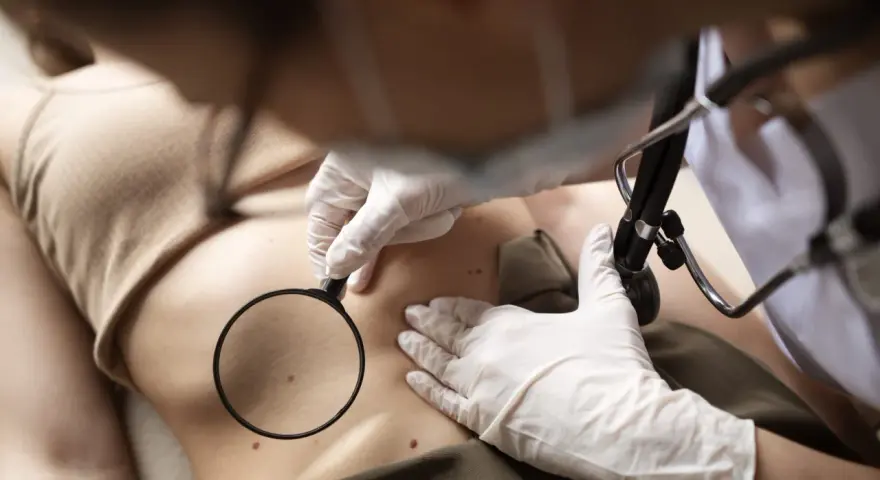 Lekarz w rękawiczkach bada pieprzyki na brzuchu pacjentki za pomocą lupy, przygotowując się do laserowego usuwania pieprzyków.